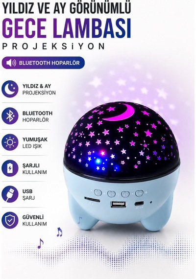Gökyüzü Temalı Bluetooth Ve Hoparlörlü Şarjlı Çocuk Gece Lambası - Lisinya Çok Renkli