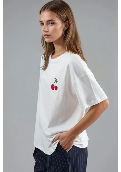 Hiccup Oversize Nakışlı Örme T-shirt Tozlu Beyaz