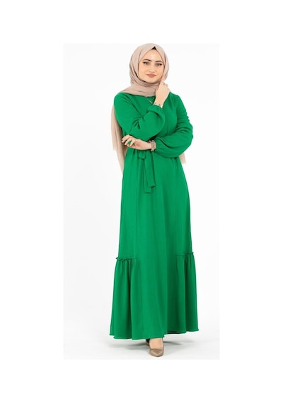 Sevitli Beli Kemerli Bürümcük Elbise - Yeşil-1416-kiremit Kiremit Sevitli Beli Kemerli Bürümcük Elbise - Yeşil-1416-kiremit Kiremit