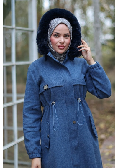 Tünel Detaylı Kaşe Kaban İndigo 1226 Indigo