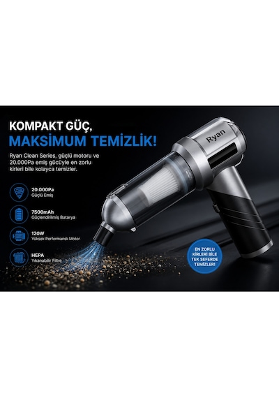 120w Şarjlı Araç Süpürgesi 20.000pa Güçlü Emiş 7500mah El Süpürgesi Üfleyici 3 Filtreli Ry-vc20