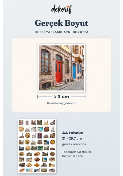 Balıkesir Sticker Seti 100 Adet - Cunda Ayvalık Tostu Saat Kulesi Gerçekçi Ajanda Journal Çıkartma Çok Renkli