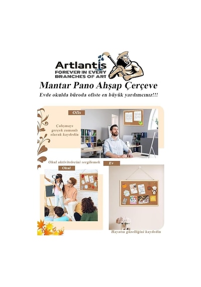 Mantar Pano Ahşap Çerçeve 60x90 Cm 1 Adet Harita Çivisi Hediyeli Duvara Monte Mantar Çerçeve Evde Okulda Büroda O Diğer