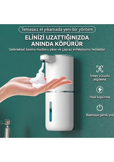 Vayomy Otomatik Köpük Sıvı Sabunluk Sensörlü Köpük Sabun Makinesi 380 Ml Usb Type-c Şarjlı Foamsmart Beyaz