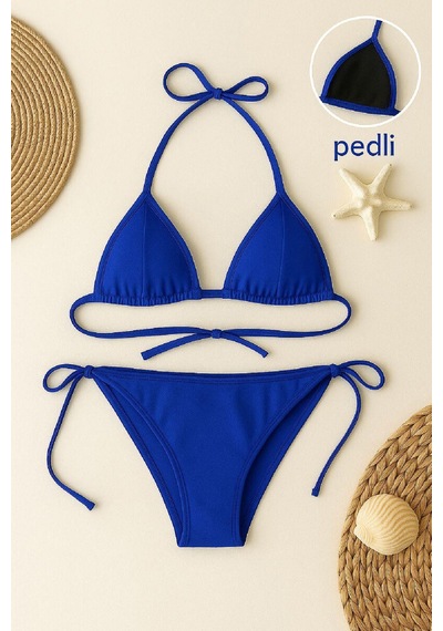 Kadın Mavi Yandan Ve Boyundan Bağlamalı Bikini Mayo Takımı