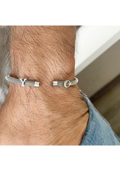 Gümüş Harf Ve Ayyıldız Beyaz Çelik Bileklik Gri