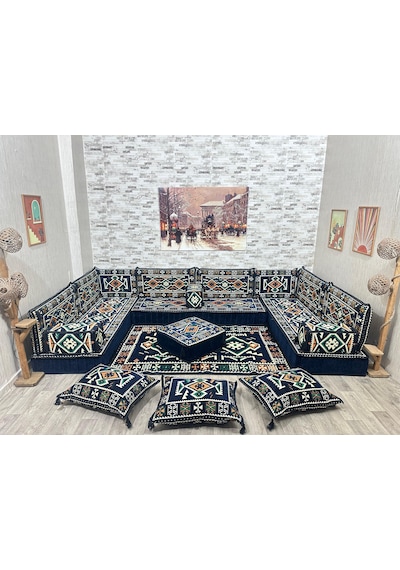 Coton Şark Köşesi Otantik Desenli Lüks Minder Takımı Konsept Lacivert
