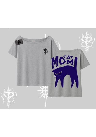 Startmore Startmore Cat Mom Yazılı Minimal Kedi Arka Baskılı Kayık Yaka Tshirt Gri