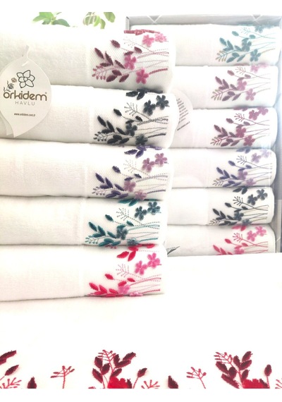 6.lı Set Annem 50x90 Cm. Özel Tafting Nakışlı Kadife Doku Çeyizlik Lüks Havlu Seti Beyaz Beyazdal Beyaz