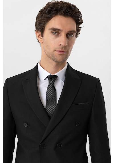 Süvari Siyah Slim Fit Armürlü Sivri Yaka 6 Drop Klasik Takım Elbise-35522 Siyah