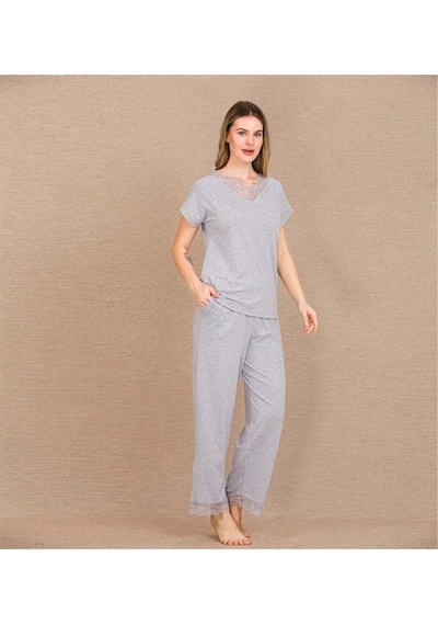 Modenya Viskon Şık Tasarım Dantel İşlemeli Gri Kısa Kol Pijama Takımı Gri