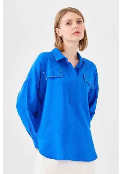 Desen Triko Kadın Polo Yaka Cepli Bluz 23485 Saks Desen Triko Kadın Polo Yaka Cepli Bluz 23485 Saks