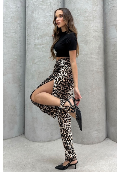 Lesa Wear Leopar Desenli Yumuşacık Yüksel Bel Likralı Yırtmaç Detaylı Jarse Pantolon Flared Leopar