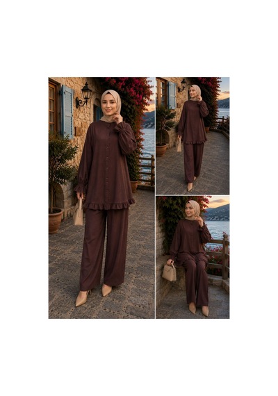 Hira Life Fashion Kadın Çilek Kumaş Dik Yaka Düğmeli Fırfır Detaylı Tesettür Tunik Pantolon İkili Takım Kahverengi Kahverengi Hira Life Fashion Kadın Çilek Kumaş Dik Yaka Düğmeli Fırfır Detaylı Tesettür Tunik Pantolon İkili Takım Kahverengi Kahverengi