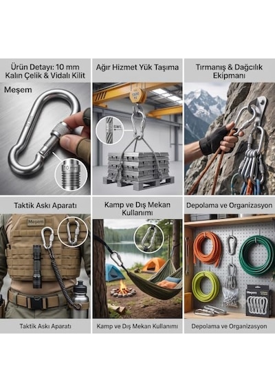 Metal Vidalı Karabina 10 Mm 5'li Paket - Kalın Çelik Yük Taşıma Kancası, Dağcılık Ve Taktik Askı Aparatı