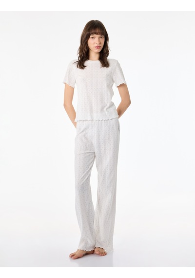 Koton Kısa Kollu Rahat Kesim Pamuklu Pijama Takımı - 2'li Set Ekru Desenli 6slk40091mk