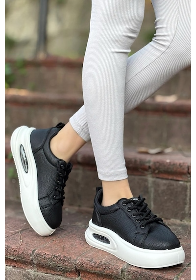 Günlük Kadın Sneaker Örgü Bağcıklı Hafif Kalın Yüksek Balon Taban Yürüyüş Spor Ayakkabı 5750 Siyah - Beyaz