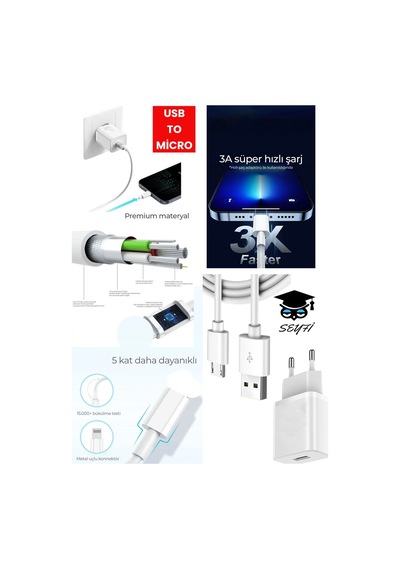 Usb - Micro Şarj Aleti Adaptör Ve 1 Metre Kablo 3a Ac 110-240v