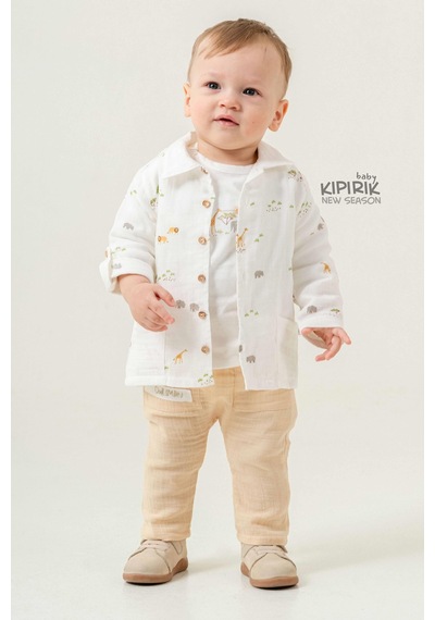 Caramell 3'lü Bebek Takımı Müslin Gömlek Pantalon Tişört Zürafa Desenli -1116 Ekru