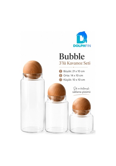 Bubble 3 Lü Cam Kavanoz Seti Küre Ahşap Kapaklı Erzak Saklama Kabı Şeffaf