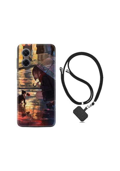 Xiaomi Redmi Note 11E Kılıf İpli Boyun Askılı Desenli Silikon Kız ve Kedi 1762