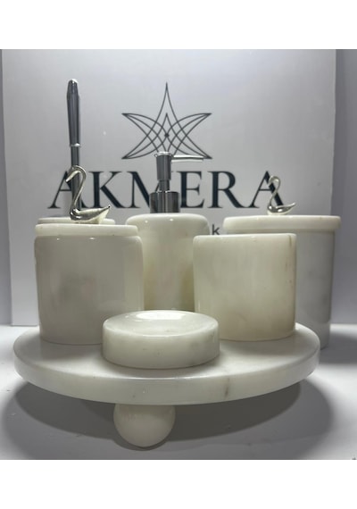 Mermer Top Ayaklı Standlı 7 Parça Lüks Banyo Seti Beyaz - Krom