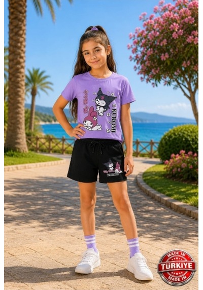Kidsmadamiko Kuromi Baskılı Kız Çocuk Şort Tişört Takım - %100 Lila