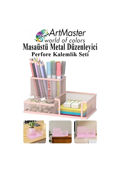 Masaüstü Metal Kalemlik Seti 3 Lü Kombo Açık Pembe 1 Paket Fileli Perfore Kalemlik Kağıtlık Küpnotluk Düzenleyici Açık Pembe