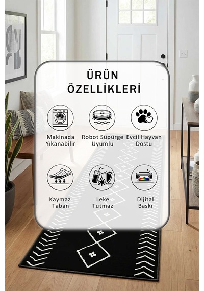 İskandinav Siyah Beyaz Yıkanabilir Yolluk