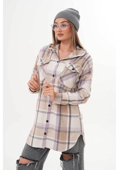 Polologin Butik Kadın Oduncu Kahverengi Bej Lila Çizgili Kapşonlu Gömlek Bej