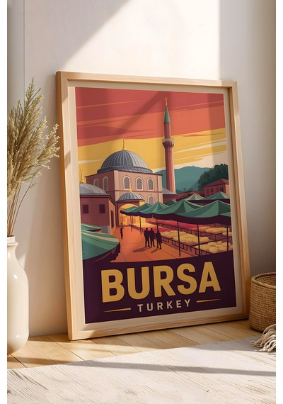 Bursa Tablo - Retro Travel Poster - Türkiye Şehir Serisi Duvar Dekoru - Çerçeve Şehir İllüstrasyonu Kayın