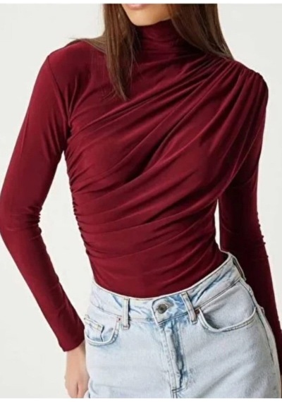 Unika Boutique Merrline Kadın Sandy Rahat Kumaş Drapeli Bluz Bordo