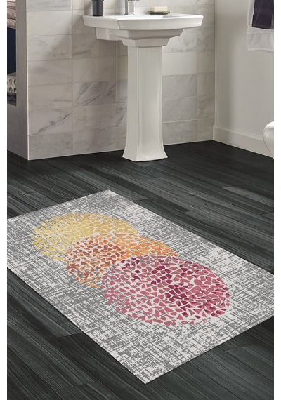 Dekoreko Kaymaz Taban Djt Banyo Halısı Trend Modern E4052 Krem Oranj Kırmızı