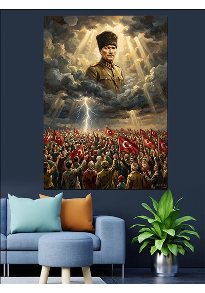 Kalabalık Üstünde Atatürk Işıklı Bulut Dekoratif Kanvas - Mdf Ahşap Tablo
