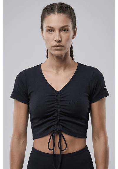 Woneagle Lacivert V Yaka İp Büzgülü Crop Basic Tişört Lacivert Lacivert