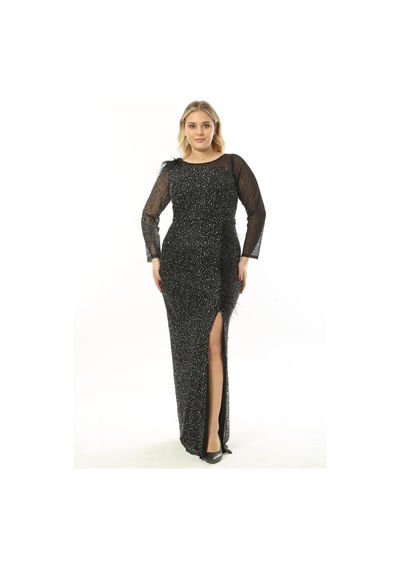 Ladies First Büyük Beden 3854 Siyah Uzun Abiye Elbise 001