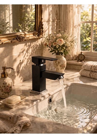 Viosa Mat Siyah Lavabo Bataryası Modern Kare Tasarım Banyo Musluğu Sıcak Soğuk Ayarlı Çift Su Girişli