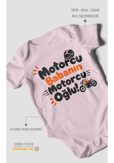 Morivokids Motorcu Babanın Motorcu Oğlu Kısa Kollu Bebek Body %100 Pamuk Bebe Pembe