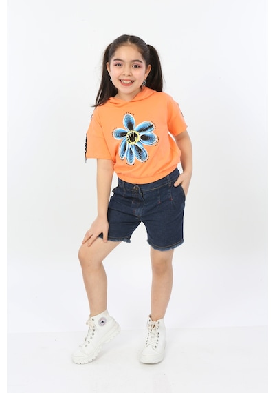 Toontoy Kids Toontoy Kız Çocuk Önü Çiçek Baskılı Tişört Oranj