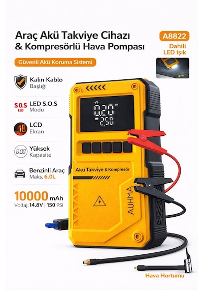 Taşınabilir Araç Akü Takviye Ve Hava Kompresörü 10000mah 150 Psı Jump Starter Powerbank Led