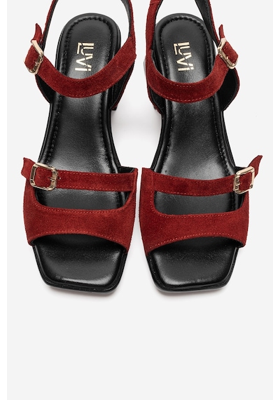 Luvi Shoes Yolen Kırmızı Süet Hakiki Deri Kadın Kalın Topuklu Sandalet