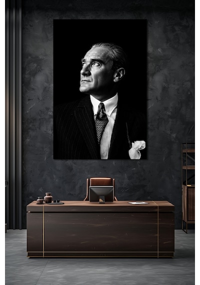 Atatürk Siyah Beyaz Portre Cam Tablo Klasik Şık Uv Baskı Duvar Dekoru