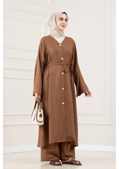 Sevitli Düğmeli Davin Abaya İkili Takım-kahverengi-5876
