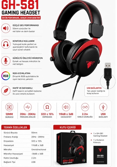 Jedel Gaming Gh-581 7.1 Usb Kablolu Rgb Işıklı Mikrofonlu Oyuncu Kulaklığı