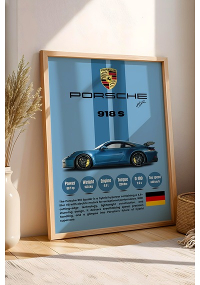 Porsche 918 Spyder Premium Hiper Araba Tablosu - Teknik Özellikli Hibrit Duvar Dekoru Kayın