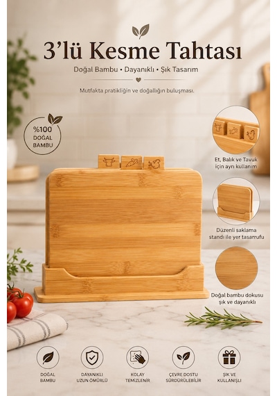 Porsima 16668 Piero Bambu 3'lü Standlı Kesme Tahtası Kesim Panosu