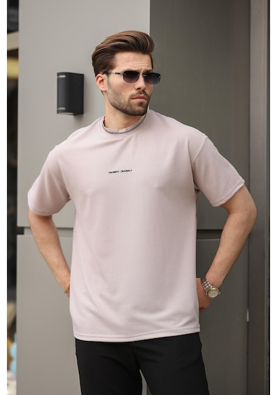 Madmext Bej Nakış Detaylı Basic Erkek T-shirt E7106 Bej