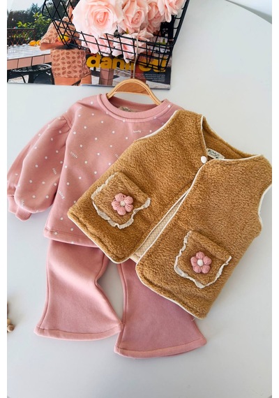 Minigimin Cicileri Çiçek Cep Detaylı Peluş Yelekli Kız Bebek 3 Lü Takım - Pembe