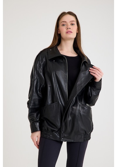 Oversize Bayan Deri Ceket Vb-20-bk-2847-24116 Siyah