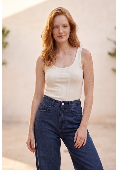 Soulshae Yüksek Bel Geniş Paça Denim Pantolon Lacivert